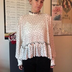 Women’s white Polka Dot Ruffle Long-Sleeve Top